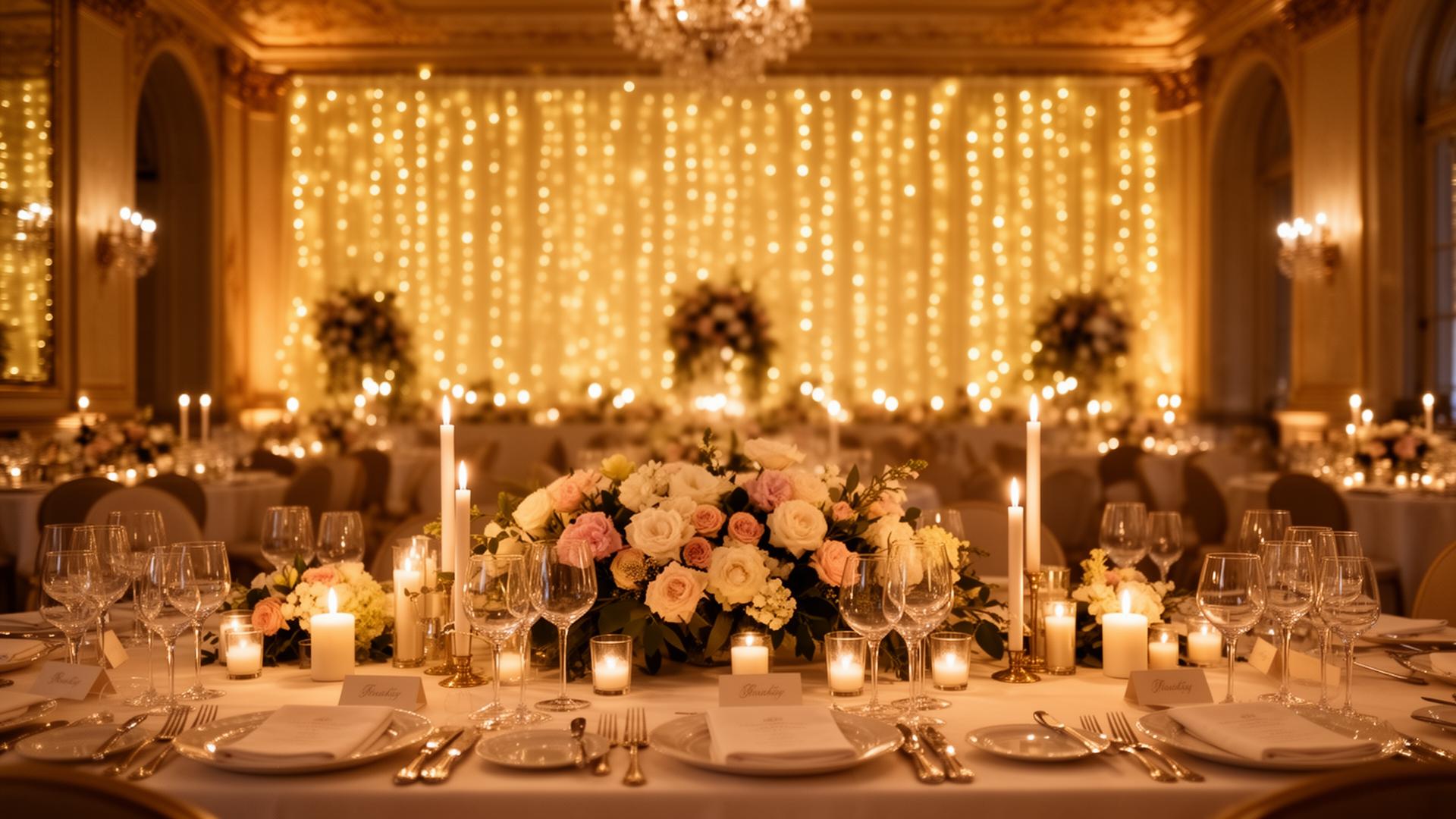 Romantische Hochzeitslocation in Berlin und Brandenburg: festlich eingedeckte Tafel mit Blumendekoration, Kerzenlicht und warmer Ambientebeleuchtung