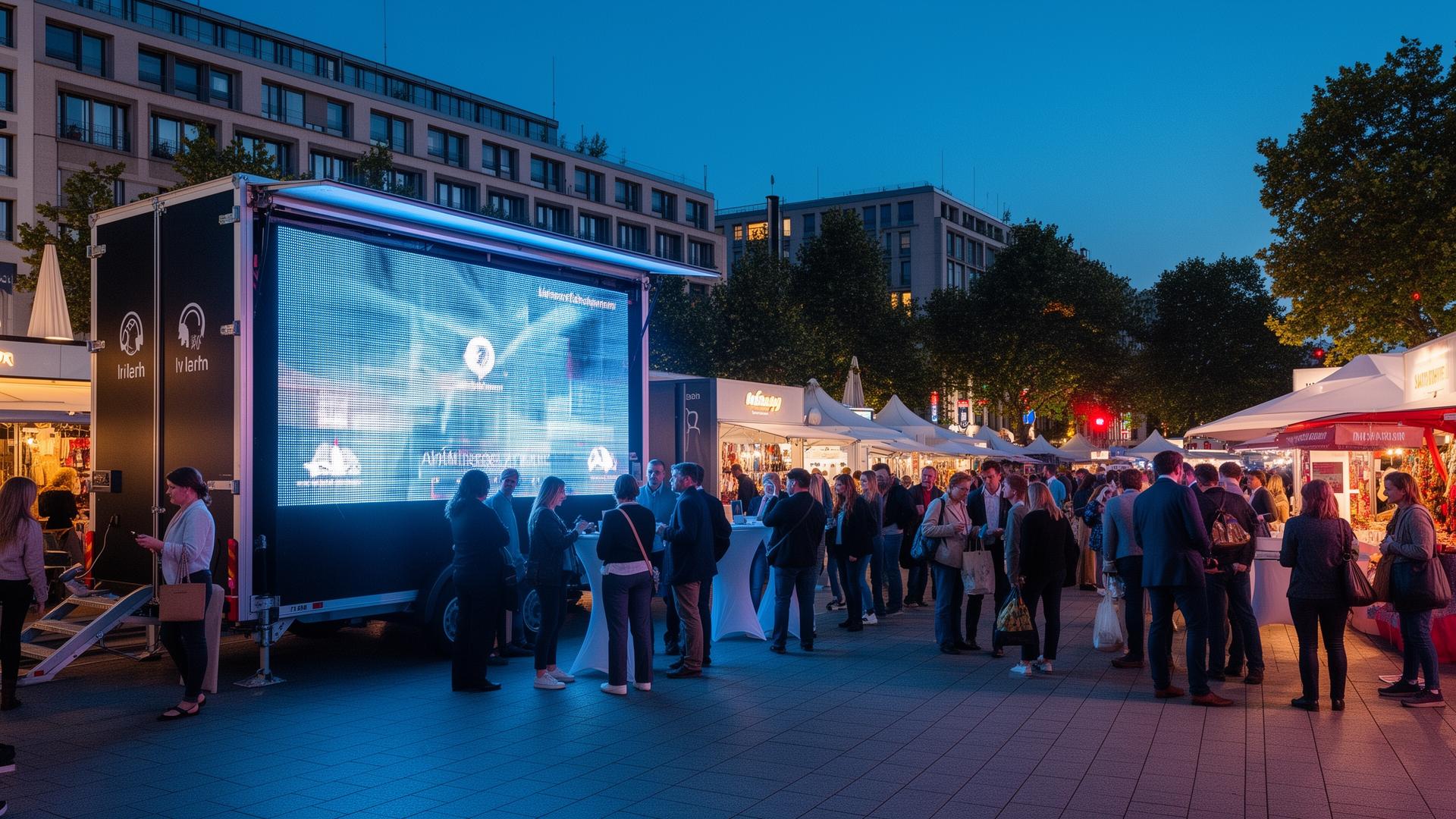 Kleiner Wochenmarkt und Messestand in Berlin: dekorierte Verkaufsstände mit Pavillons, Mobiliar und LED-Beleuchtung im Außenbereich