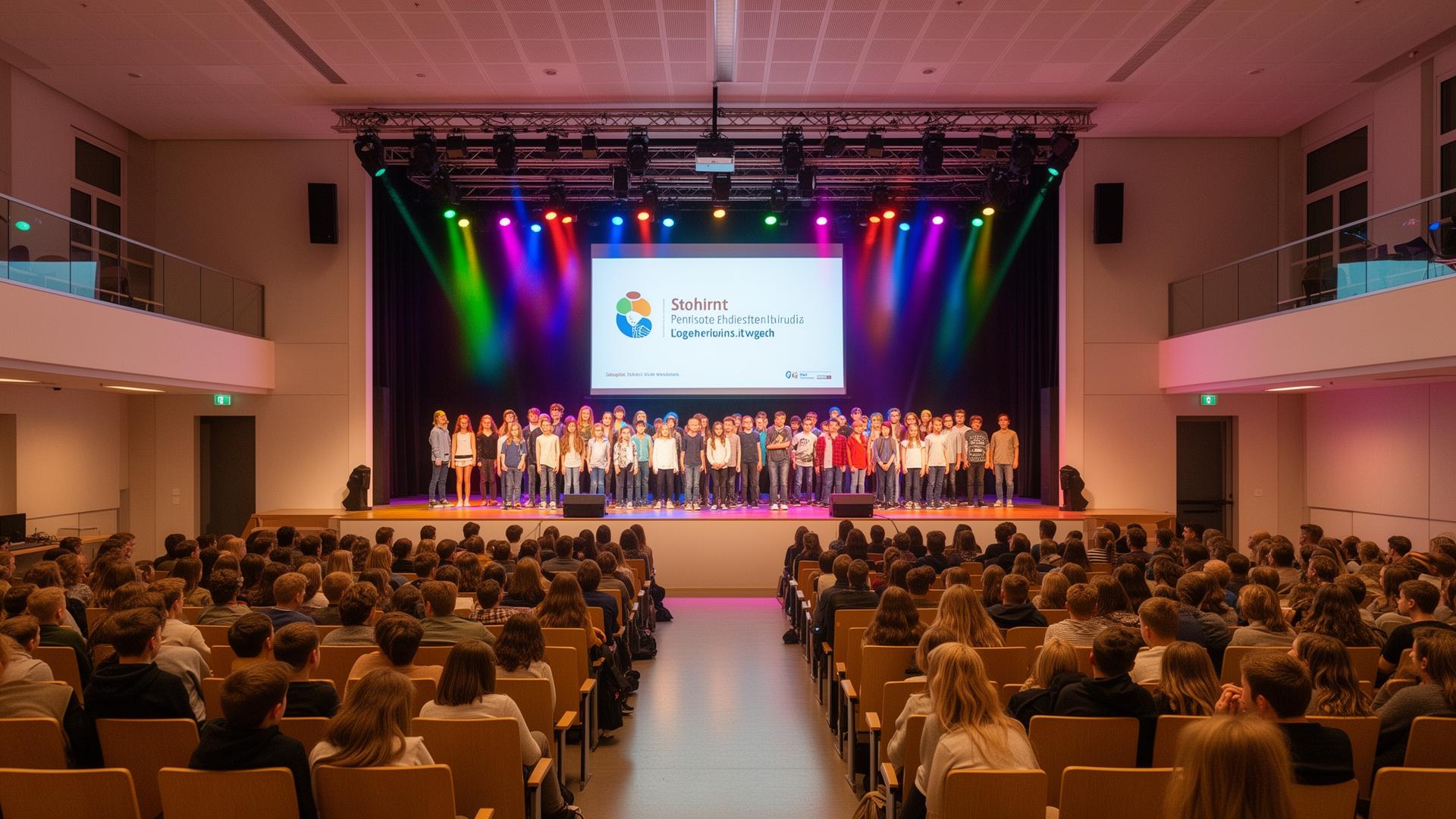 Schulevent mit Bühnenshow in Berlin: Schülerinnen und Schüler auf der Bühne mit professioneller Licht- und Tontechnik in einer Aula