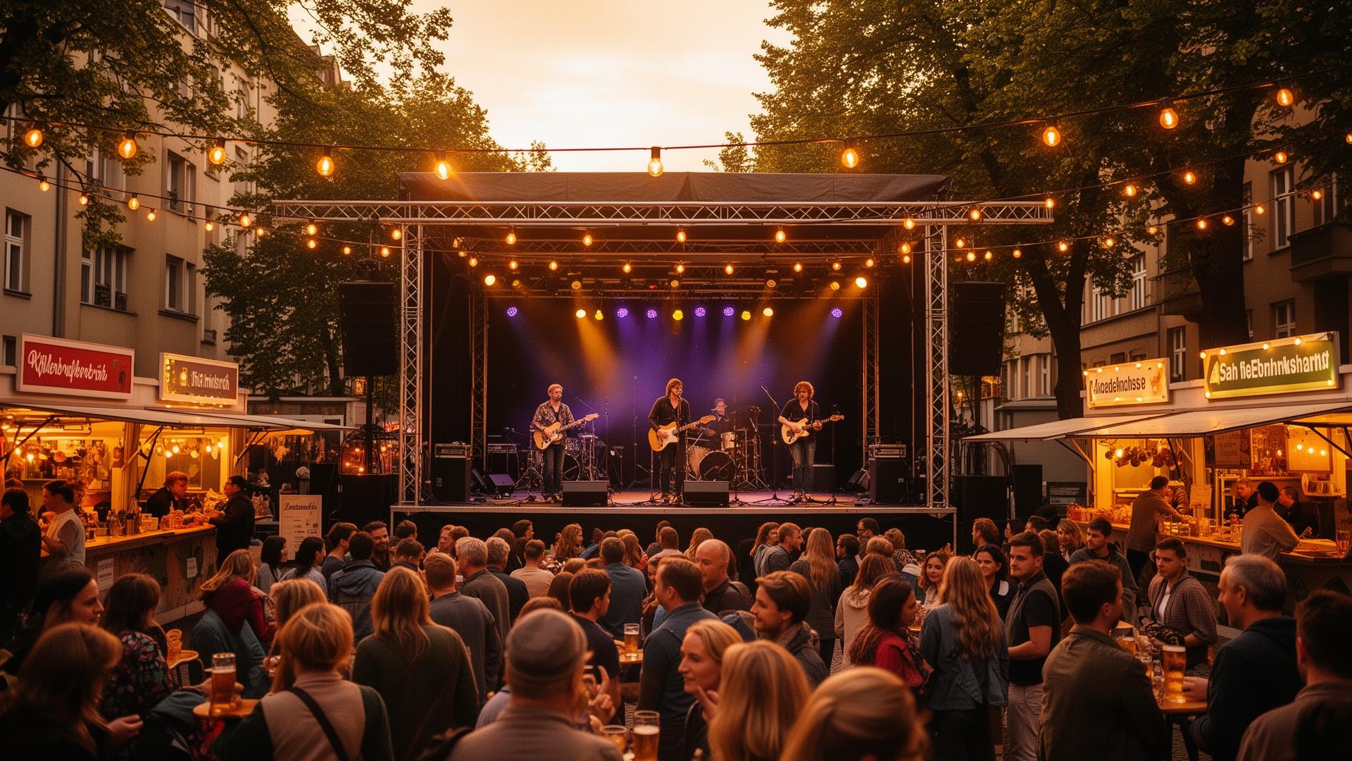 Lebhaftes Straßenfest in Berlin: feiernde Menschen vor einer Open-Air-Bühne mit Live-Musik, Lichttechnik und Getränkeständen