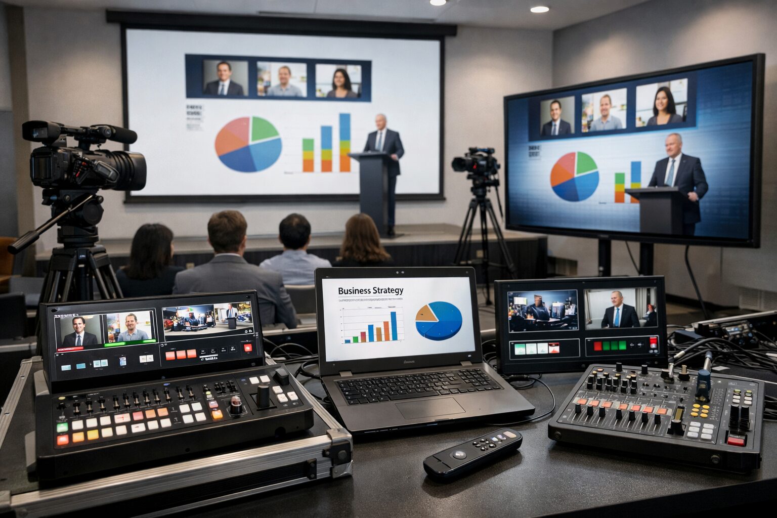Bild- und Videotechnik bei einer Konferenz in Berlin: großer LED-Screen mit Präsentation, Kamerasetup und Regiepult für hybride Events