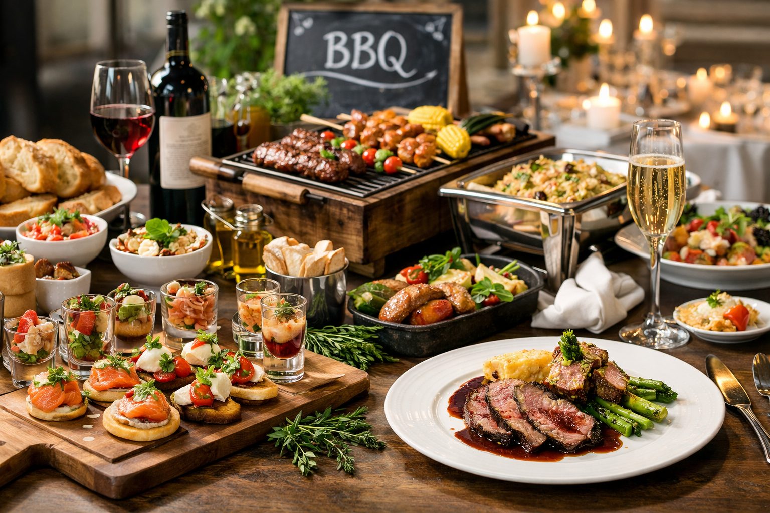 Hochwertiges Event-Catering in Berlin: liebevoll angerichtetes Buffet mit Fingerfood, Vorspeisen und Getränken auf festlich dekorierter Tafel