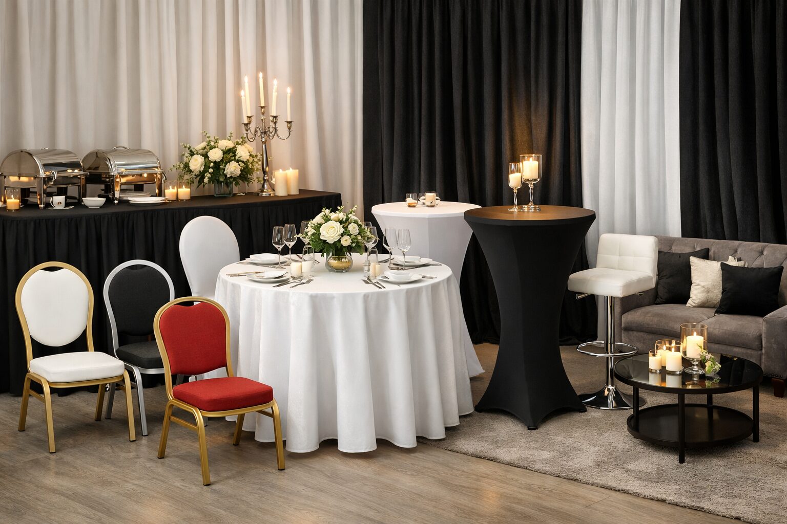 Stilvoll arrangiertes Eventmobiliar in Berlin: festlich gedeckte Tische, Loungemöbel und florale Dekoration in eleganter Eventlocation