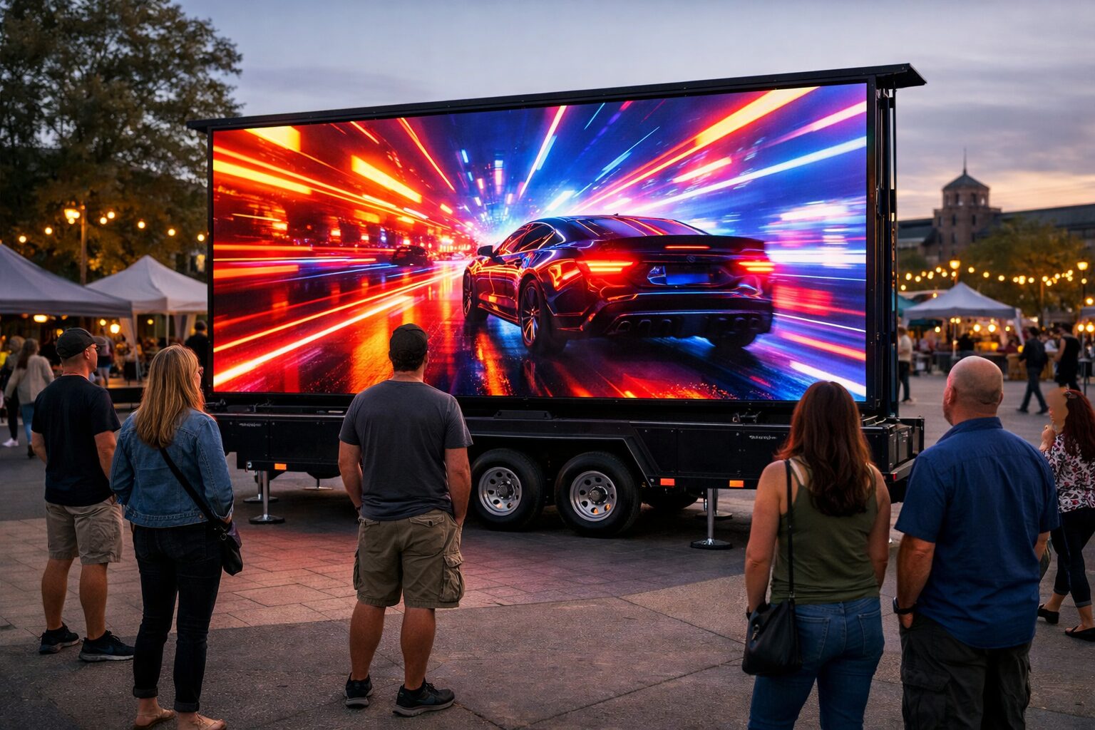 Mobiler LED-Trailer von Maliske Events in Berlin: leuchtende LED-Wand auf Anhänger bei Public Viewing und Promotionaktion in der Abenddämmerung