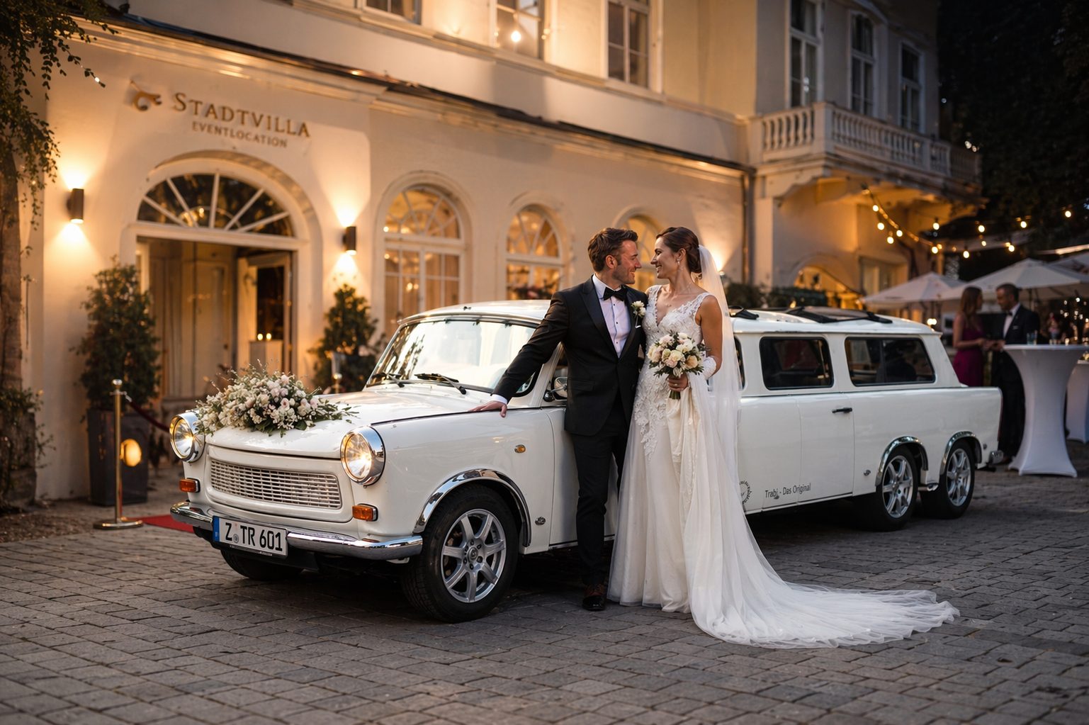 Schwarze Stretchlimousine mit Chauffeur in Berlin: stilvolle Anreise zu Hochzeit oder VIP-Event vor eleganter Location